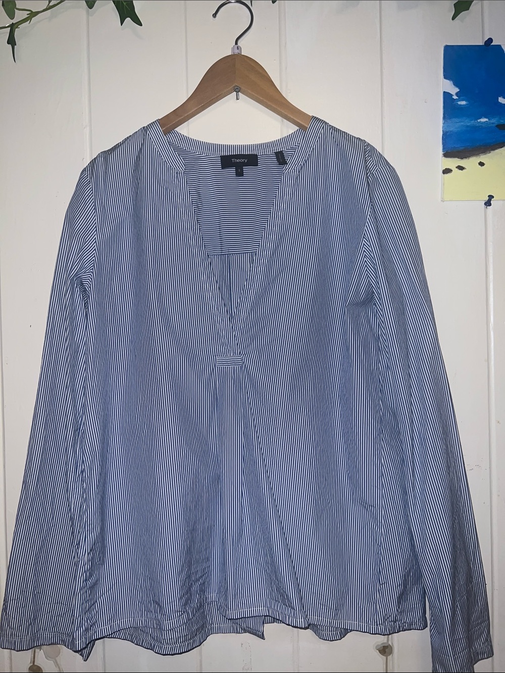 Theory Navy and White Pinstripe V-Neck Tunic